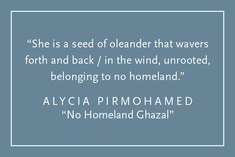 Teal background with white text inside a white border: "She is a seed of oleander that wavers forth and back / in the wind, unrooted, belonging to no homeland." Alycia Pirmohamed, "No Homeland Ghazal"