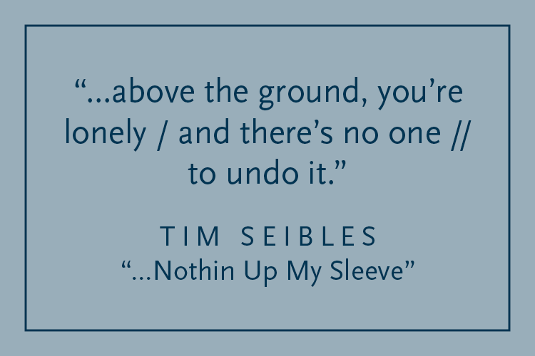 Gray background with dark blue text inside a dark blue border: "...above the ground, you're lonely / and there's no one // to undo it." Tim Seibles, "Nothin Up My Sleeve"