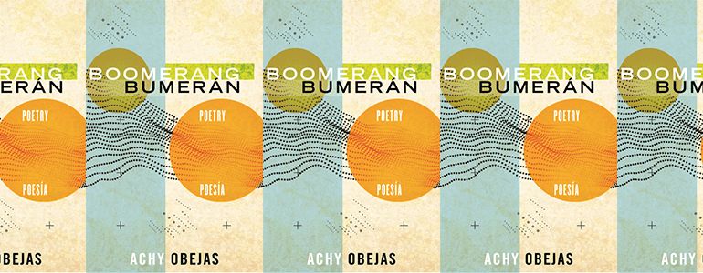 The book cover for Boomerang / Bumerán, featuring two orange circles and some wavy lines made of dots