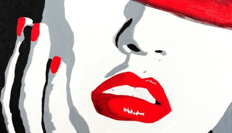 Art of a close up of a woman's face and hand.