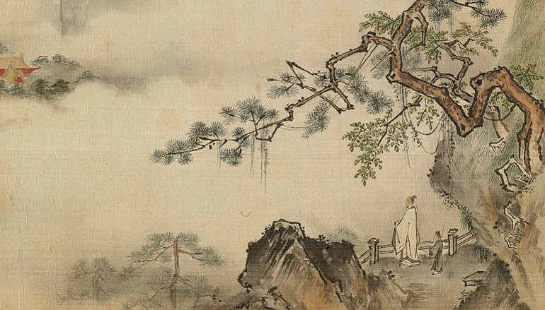 Traditional Japanese art of a landscape. 
