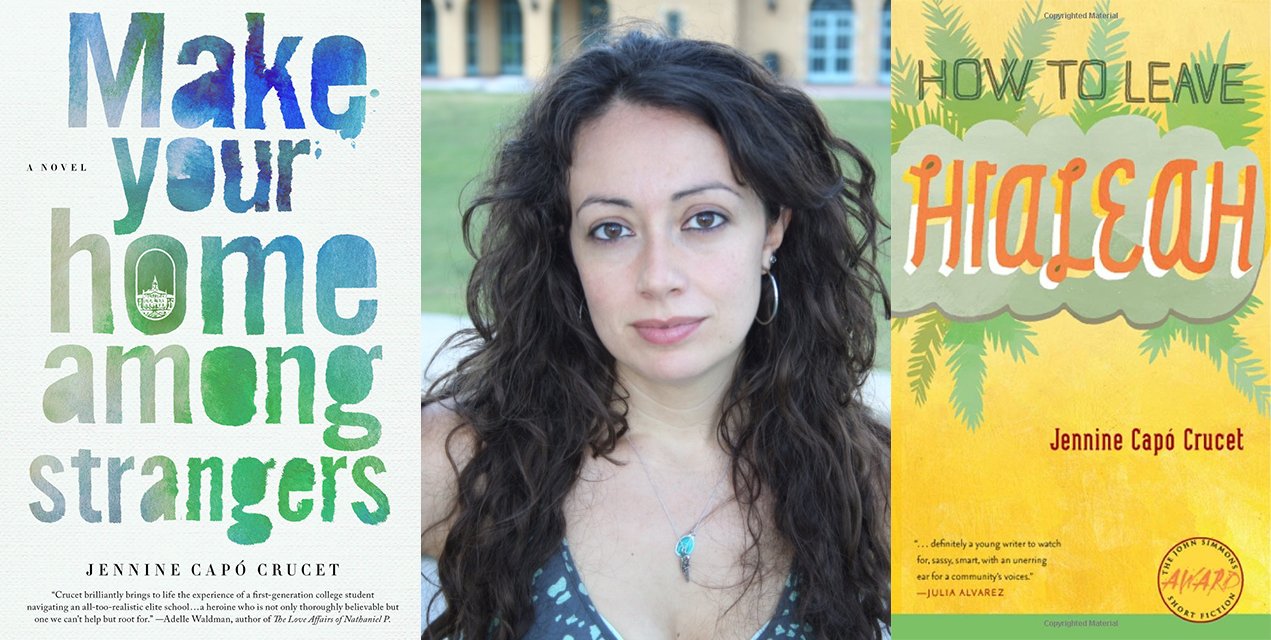 Jennine Capo Crucet next to her book covers.