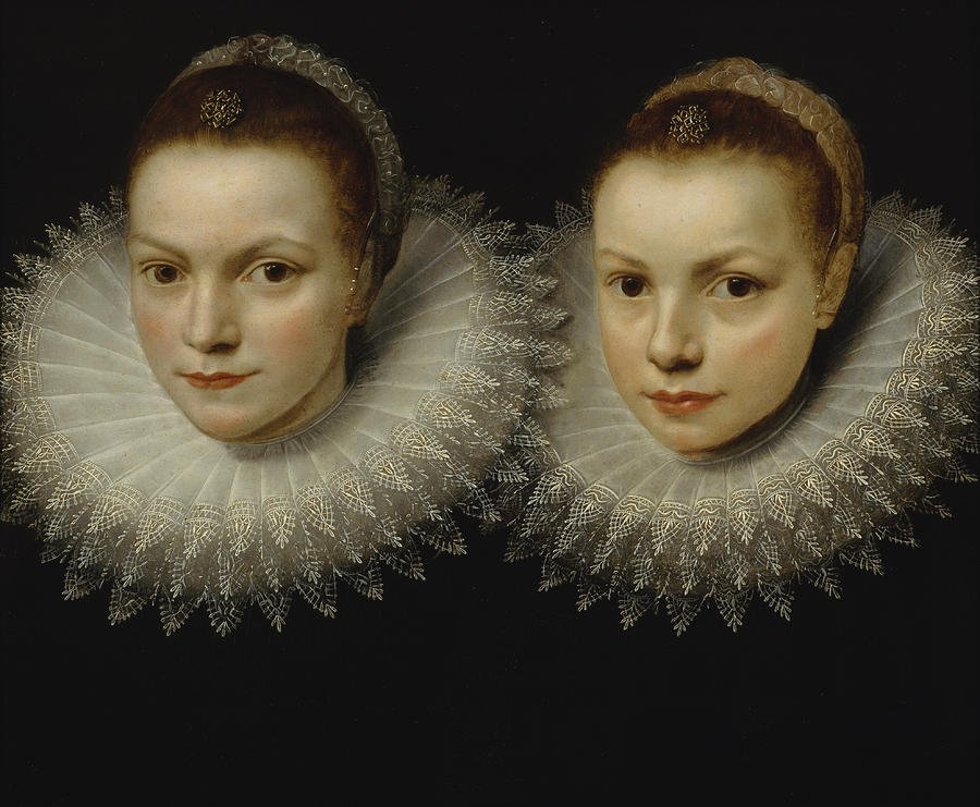 The painting Two Sisters by Cornelis de Vos which depicts two twin sisters nearly identical in an oil painting.