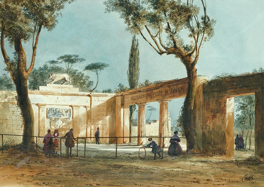 A painting of a few people walking through some Roman ruins in the daytime