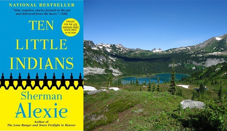The cover for the book Ten Little Indians beside a mountain landscape.