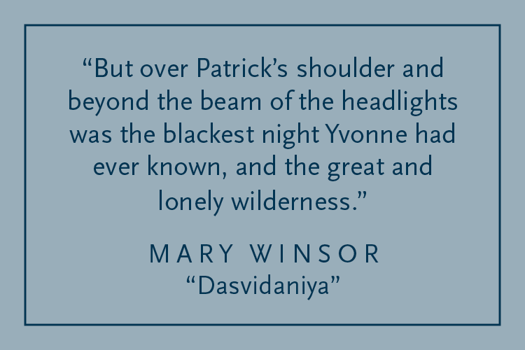 Gray background with dark blue text inside a dark blue border: "But over Patrick's shoulder and beyond the beam of the headlights was the blackest night Yvonne had ever known, and the great and lonely wilderness." Mary Winsor, "Dasvidaniya"