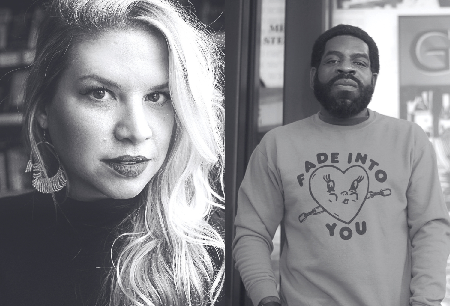 black and white headshots of Jenny Molberg and Hanif Abdurraqib